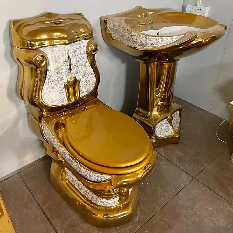 Toilette europea in oro di lusso leggero, toilette in oro tiranno locale, toilette elettrolitica, lavabo a colonna per il lavaggio delle mani