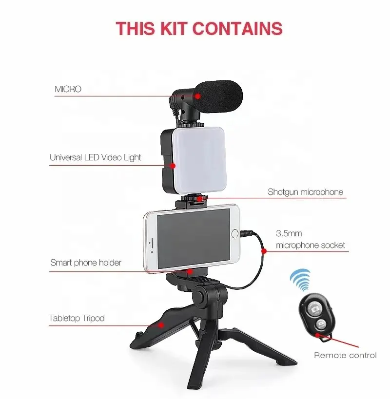 Smartphone Kit Vlogging com Tripé, Suporte do telefone, Mini Microfone, LED Luz de preenchimento Starter para TikTok, Live Stream, Vídeo, YouTube