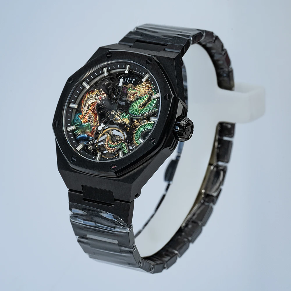 

AJUT автоматические механические роскошные мужские часы высокого качества со светящимся драконом циферблатом скелетон с автоподзаводом мужские часы 0576