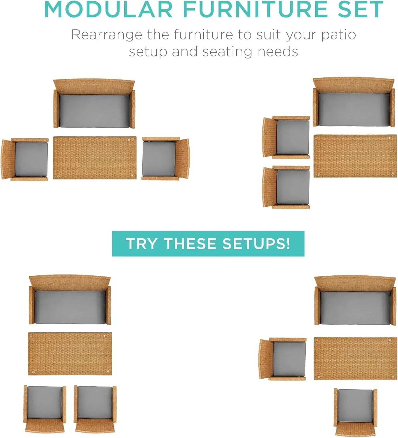 طقم أثاث للمحادثة في الفناء الخارجي مكون من 4 قطع للفناء الخلفي مع طاولة قهوة ووسائد للمقعد - رمادي أسمنتي طبيعي