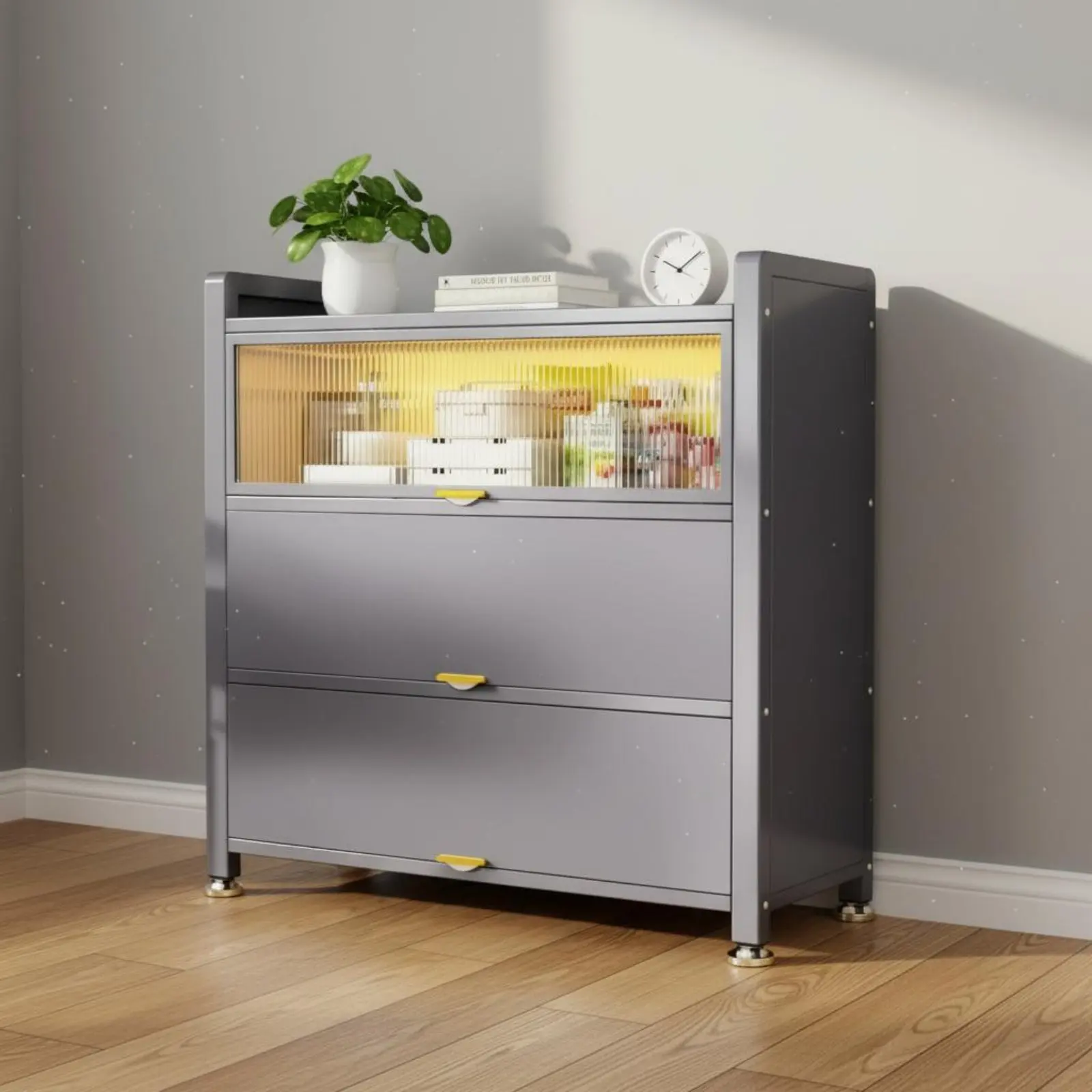 Multi-Tier Storage Cabinet with Doors Dustproof Floor Standing Shelving Unit Hinged Door Storage Organizer Moistureresistant
