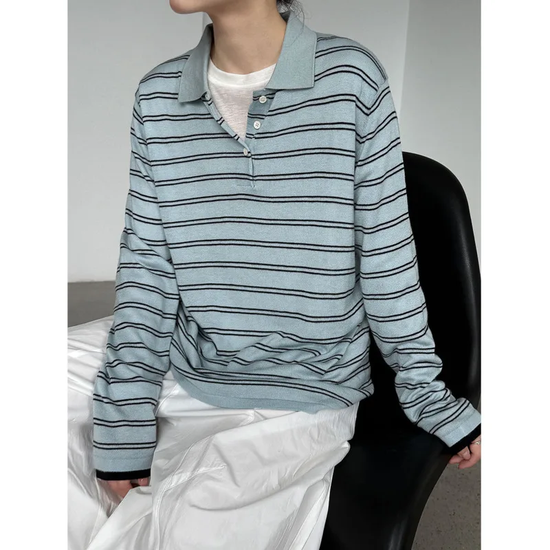 

Women Striped Polo Knitted Sweater Autumn Color Block Loose Long Sleeve Wool Blend Korean Casual Knitwear Pullovers