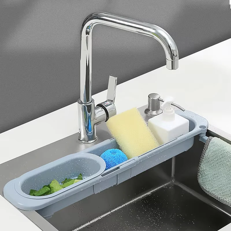 PP Material Kitchen Sink Shelf Large Capacity Extendable Detachable Drain Rack Filter Basket Multi-Functional Storage Rack
