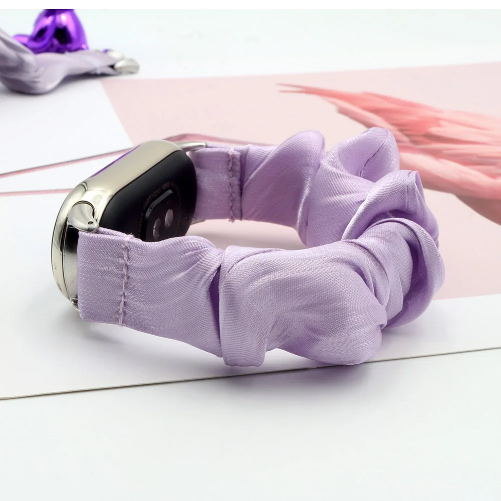 Purple Nylon Watch Strap Scrunchie Bracelet for Xiaomi Mi Smart Band 8/9 NFC Elastic Soft Fabric Replacement Wristband Scrunchy