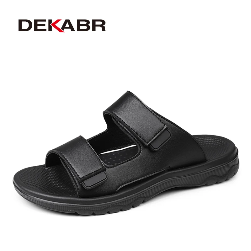

DEKABR Summer Men Casual Slides Pu Leather Adjustable Hook Loop Breathable Anti Slip Eva Sole Open Toe Shoes Sizes 38-47