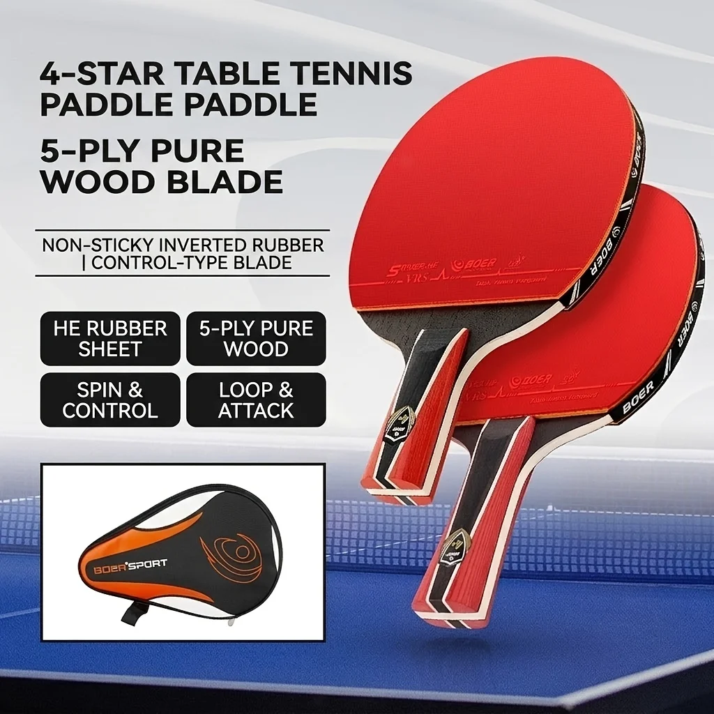 Raqueta de tenis de mesa Boer de 4 estrellas, raqueta de tenis de mesa de cuatro estrellas, goma antiadhesiva de doble cara, raqueta de tenis de mesa de madera pura de cinco capas, 1 raqueta + conjunto de bolsa para raqueta