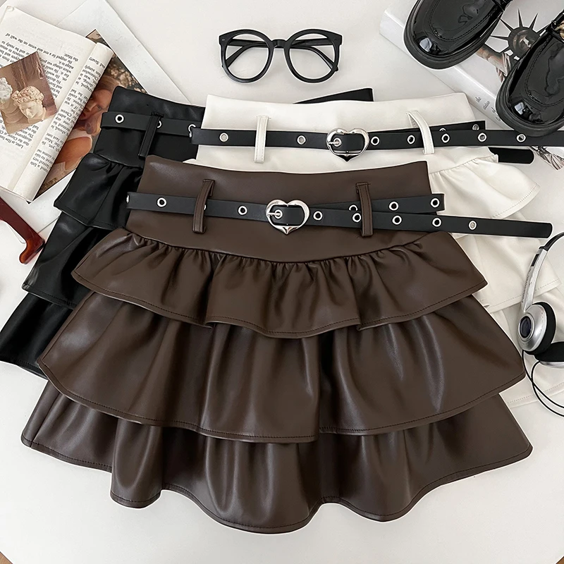 

Autumn Vintage Coffee Women Skirts Fashion PU Leather High Waist Slim Puffy Skirt with Heart Sashes Cool Girl Short Hip-Skirt