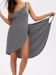 Sexy Backless Dames Zomer Gestreepte Jurk V-Halsriem Damesknie Cover-Ups Strandrok Gewaad Vintage Dropshipping Zwarte Kleding Punk