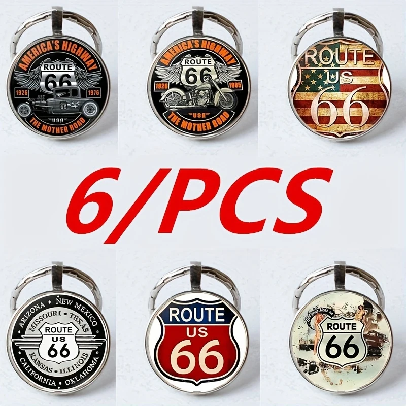 6PCS Classic Route 66 Keychain, Zinc Alloy Round Glass Dome Pendant, Timeless Travel Gift for Men Friends Family