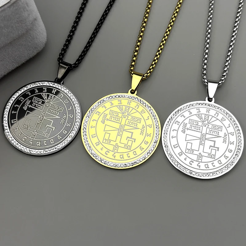 Key Of Solomon Pendant Necklace For Women Men Stainless Steel Rhinestones Hebrew Symbols Gothic Gold Color Chains Jewelry Gifts