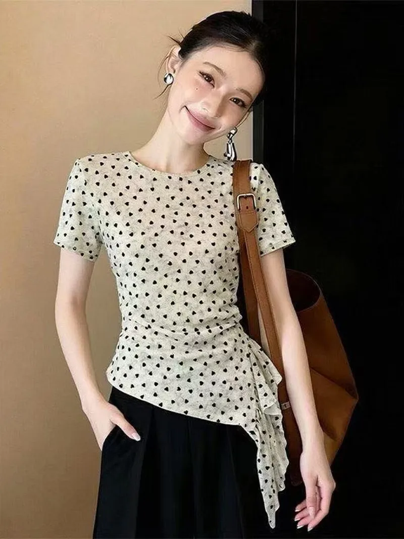 

Korean Style Heart Irregular T-shirt 2026 New Women Summer Short Sleeve T-shirt Female Elegant Casual Top Office Lady Base Shirt