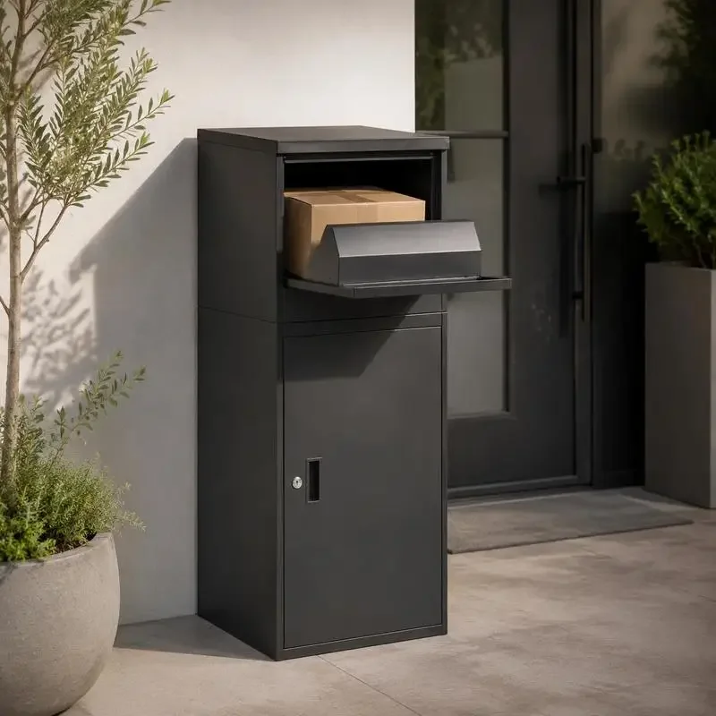 Großer Paketbriefkasten aus verzinktem Stahl mit Schloss, diebstahlsicheres Design, magnetische Tür, Paketbox für den Innen- und Außenbereich, für Zuhause, Büro, Wohnung, schwarz, 500x398x980mm