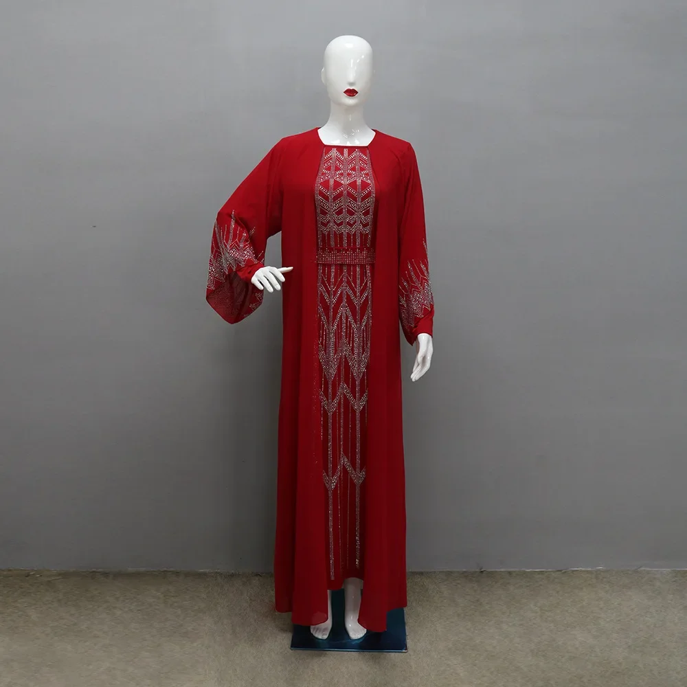 Robe musulmane en mousseline de soie pour femmes, abaya de Dubaï, à lacets, décontractée, fête indépendante, faux deux pièces, caftan 03