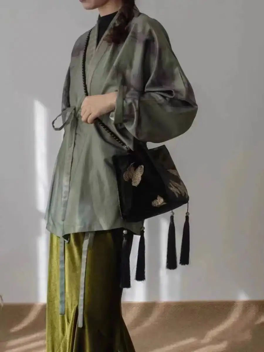 Bloom Chinese Style Black Bucket Women Butterfly Embroidery Casual Messenger Bag Female Fairycore Aesthetic Handbag Chic