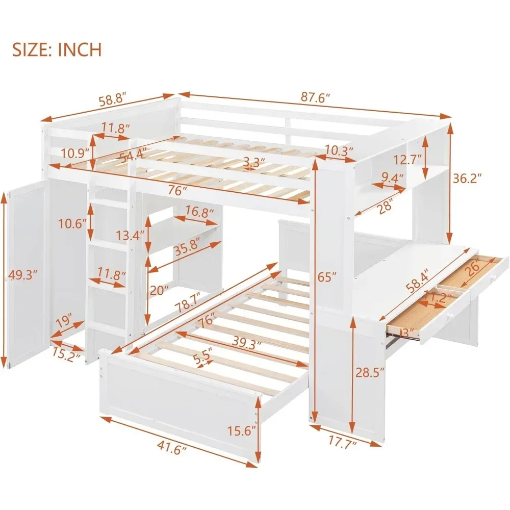 Bunk Beds, Wardrobe and Shelves , Storage Bunk Beds with Ladder & Guardrails for Kids Girls Boys , Wooden Full Size Loft Bed