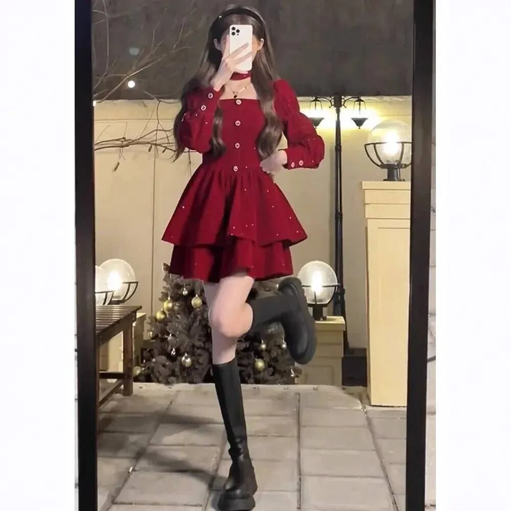 

Red Velvet Women's Autumn Winter Fleeing Princess Birthday Small Gift Dress Christmas New Year War French Miniature Style