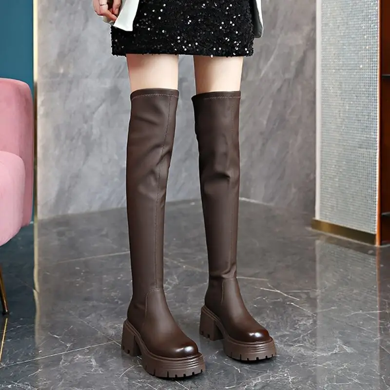 

​Women's Over Knee Boots Autumn Winter Soft Leather Thick Heel High Heel Round Toe Chunky Heel High Top Boots with Back Zipper
