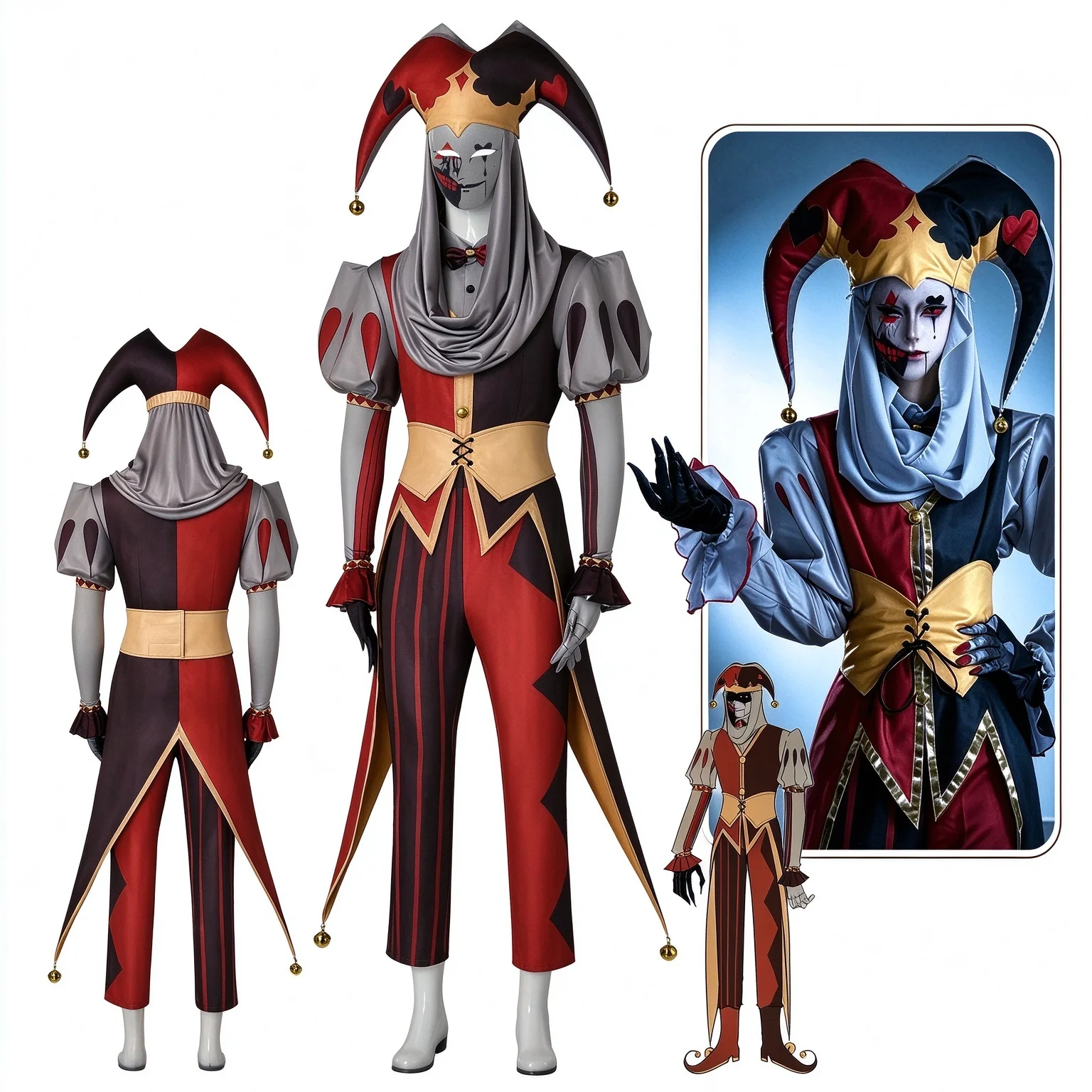 Kingdom of Marionettes Jestyn Game Cosplay Jester Fancy Dress Set with Hat Gloves for Halloween Carnival Mens Roleplay Outfit