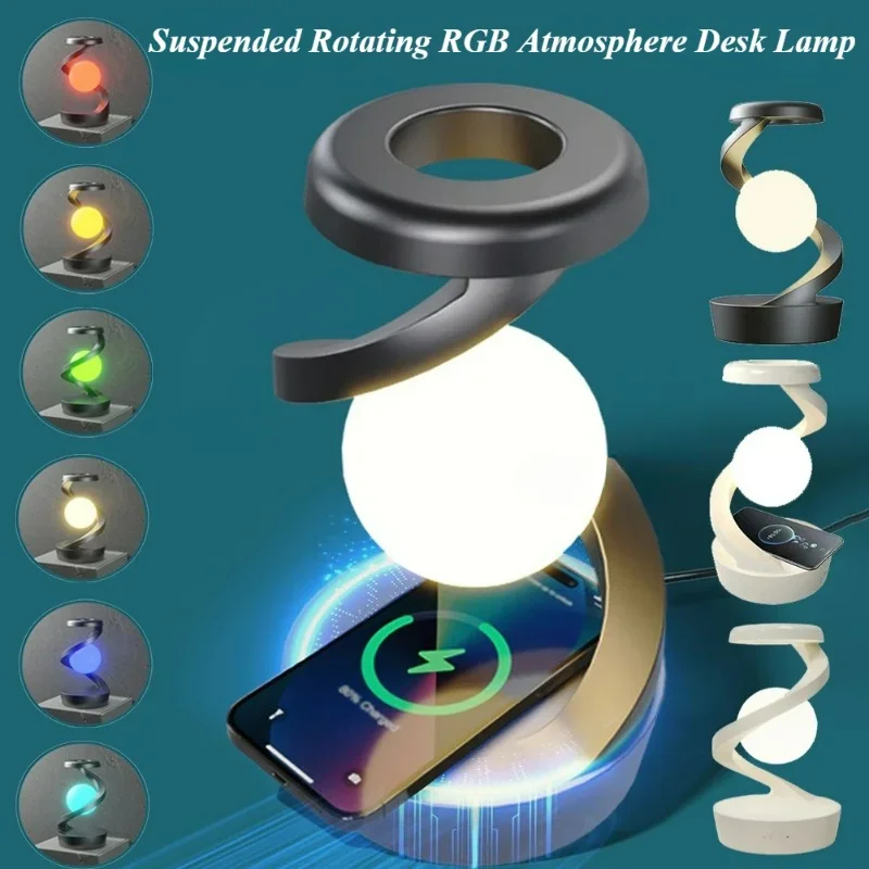 LED Moon Mood Light Suspended Rotating RGB Atmosphere Desk Lamp with Wireless Mobile Charging Bedroom Game Room Decorative Light