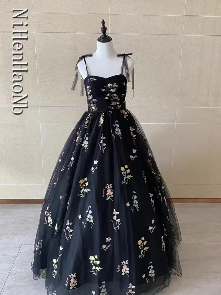 Floral Embroidery Long Prom Evening Dresses for Women 2023 Summer Elegant Suspender Party Formal Host Princess Dress