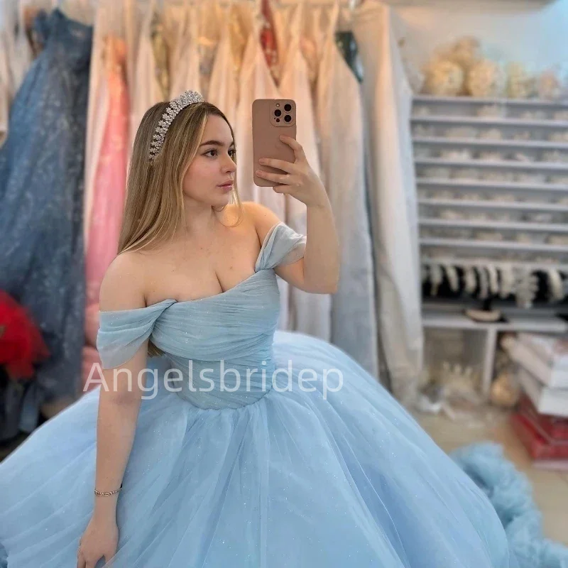 Angelsbridep ชุดเดรสราตรีสำหรับเด็กผู้หญิงชุดกระโปรงเปิดไหล่มีระบายสำหรับชุดไปงานเต้นรำ2025ชุดเดรสชุดเดรสปาร์ตี้ราตรี