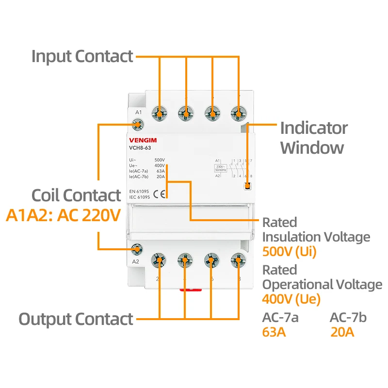 VENGIM Din Rail Household AC Modular Contactor 4P 63A 220V 400V 4NO 2NO2NC 50/60HZ