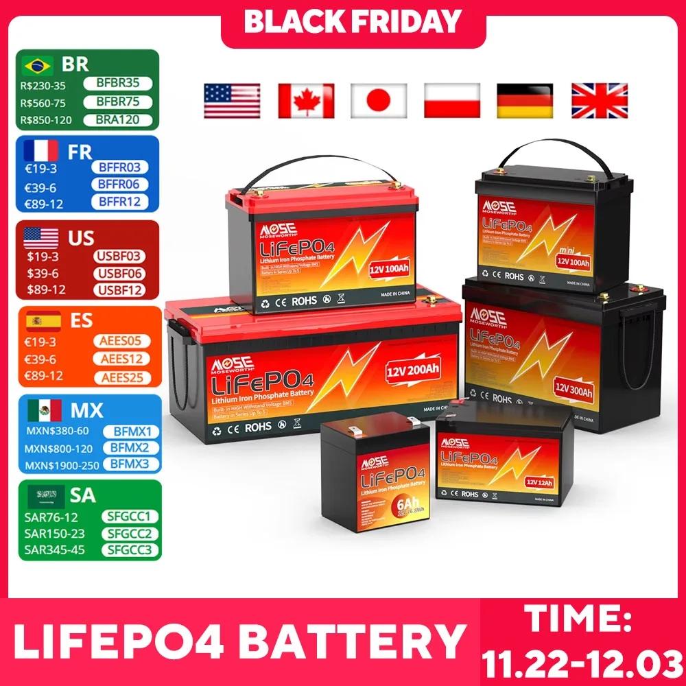 LiFePO4 Battery Pack 12V 24V 36V 48V 50Ah 60Ah 100Ah 200Ah 300Ah Lithium Iron Phosphate Batteries Deep Cycle for RV Camper Solar