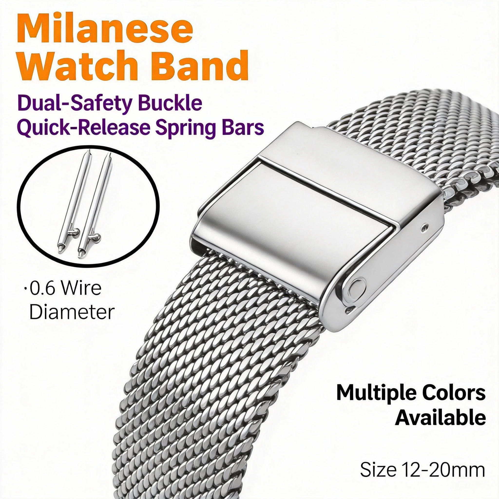 20mm Milanese Stainless Steel Watch Band, Double Push Button Fold Clasp, Replacement for Daniel Wellington, Silver Black Rose Go