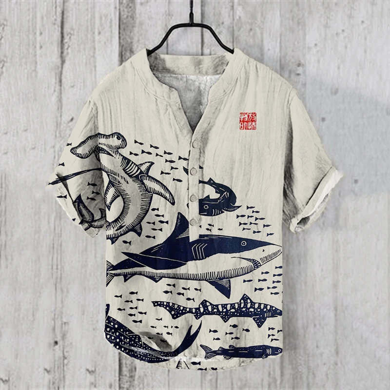 New Hawaiian shirt landscape series 3D digital printing bamboo linen youth men's short-sleeved shirt casual Chinese style V-neck