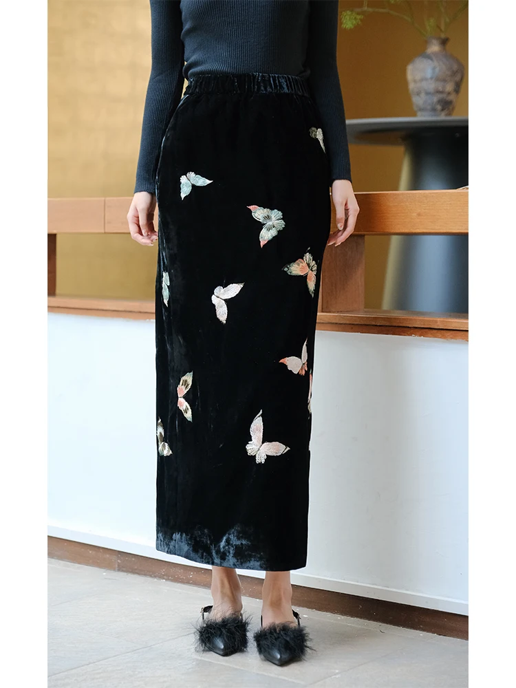 

Ele Bla Velvet Long Skirt with Embroidery High Quali Chinese Sle New Arrival for Autumn Winter by an Yu...