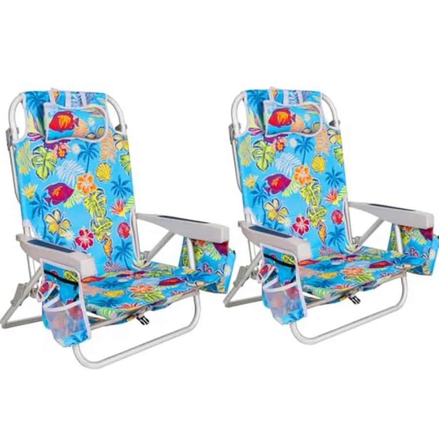 Beach use: aluminum, tropical print, lightweight portability and 5-position lay-flat functionality