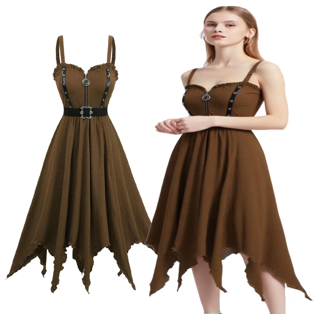 

ROSEGAL Плюс размер текстурированные платья трапециевидной формы на молнии со съемным поясом кофейного цвета повседневное асимметричное платье миди для женщин