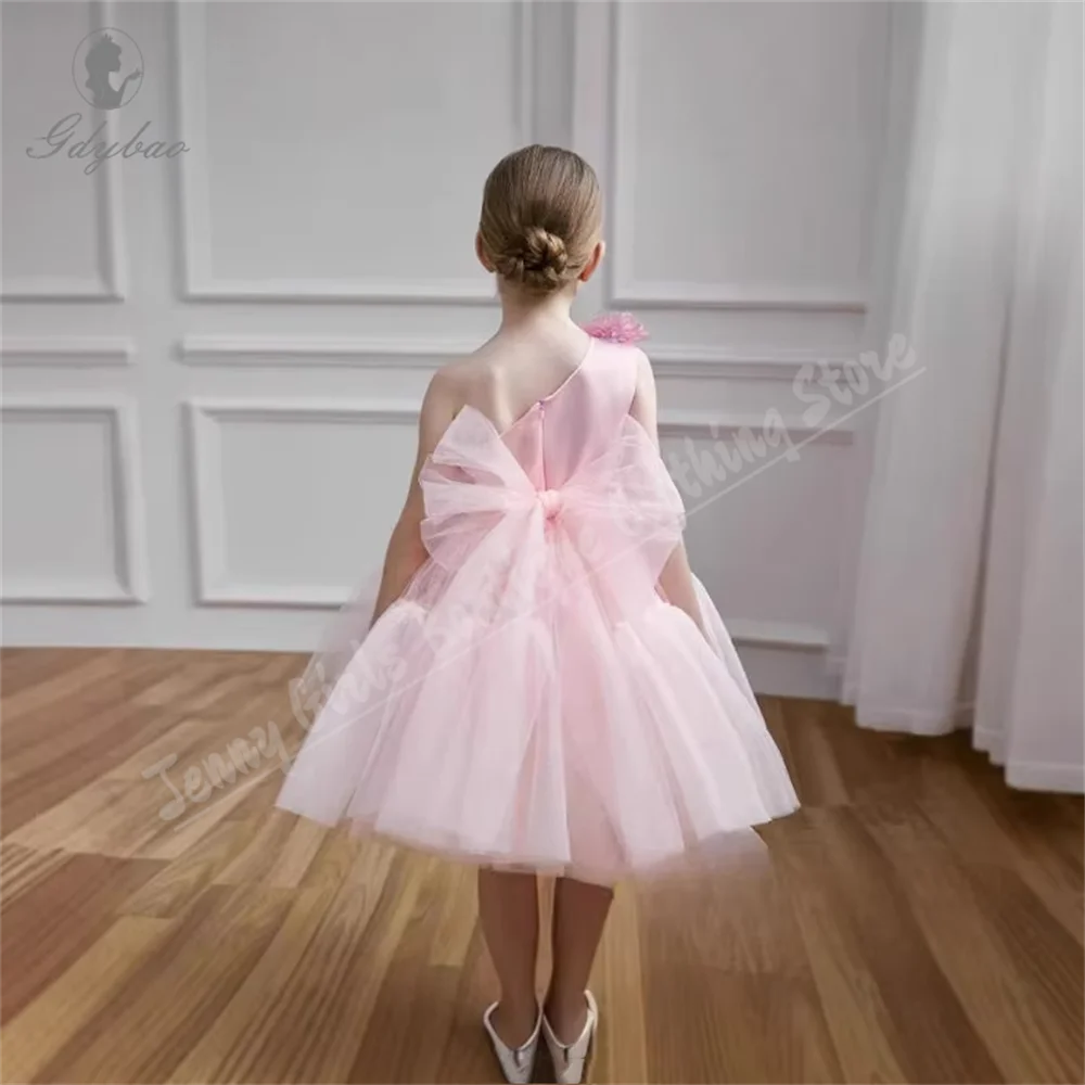 One Shoulder Pink Cute Flower Girl Dress Kids Party Outfit Piano Wedding Birthday Formal Occasions First Communion
