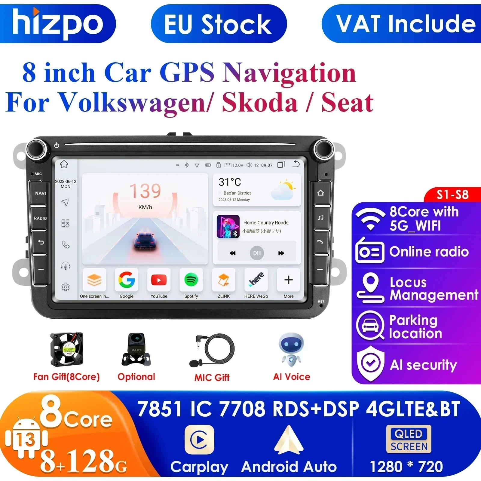 2din Android Car Radio GPS for Volkswagen Skoda VW Tiguan Touran Caddy Jetta Polo Passat Seat Multimedia Player Stereo AutoRadio