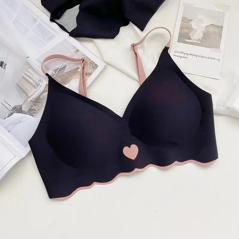 Sexy Push Up Bras For Women Love Heart Pattern Brassiere Deep V Neck Cute Underwear Female Seamless Wireless Soft Lingerie