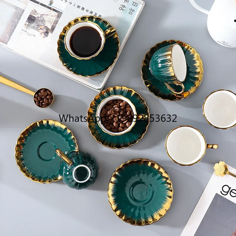 Gold-plated dark green coffee cup brocade box set, mug event gift 6 cups 6 plates gift box set