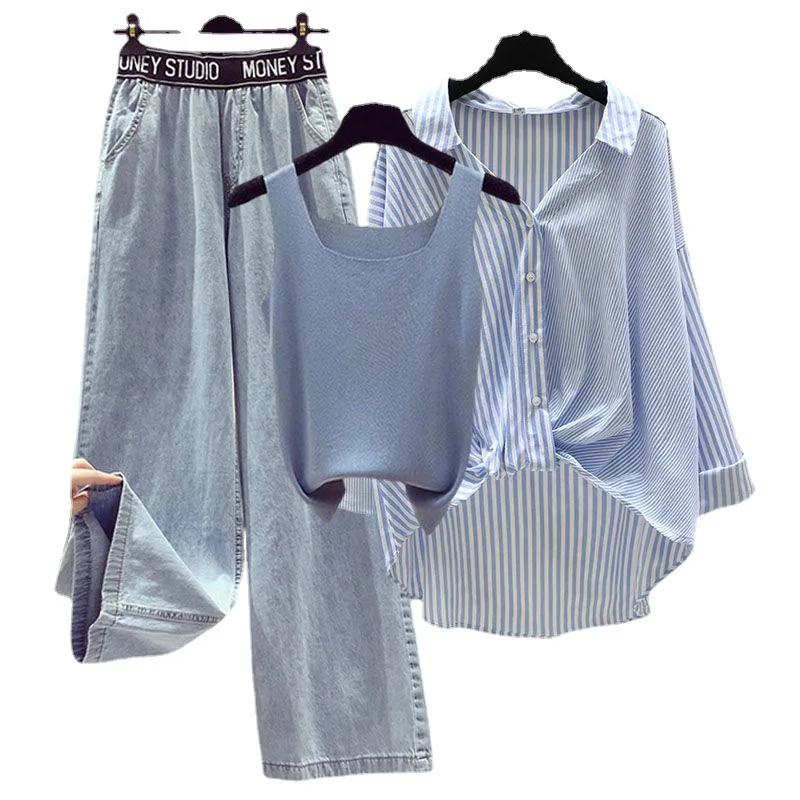Fashion 2022 Large Size 4XL Women Clothing 100kg Fat Sister Spring Suit Striped Shirt Small Suspenders Wide-leg Denim Jeans Set