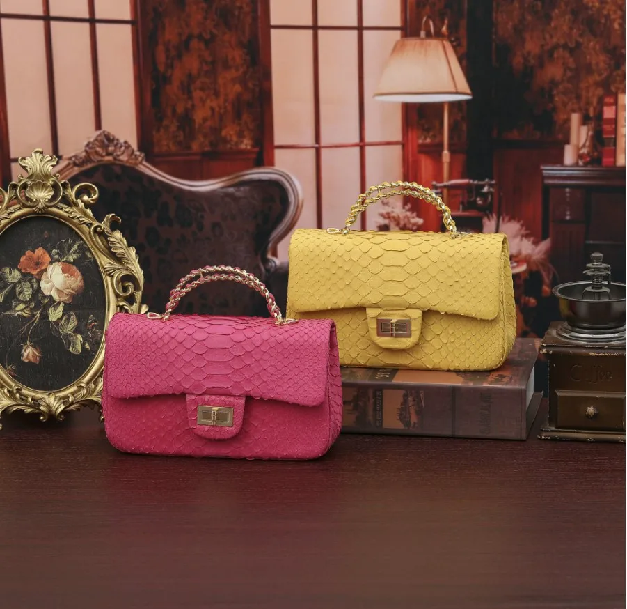 100% genuine real python leather women shoulder bag small size pink yellow color excellent skin lady fashion outdoor daily purse
