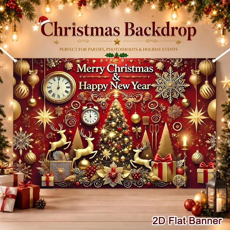 2D Flat, 1pc /Golden Reindeer Vintage Clock Xmas Tree Banner - Christmas & New Year Photo Booth Backdrop Suitable for Garden Par