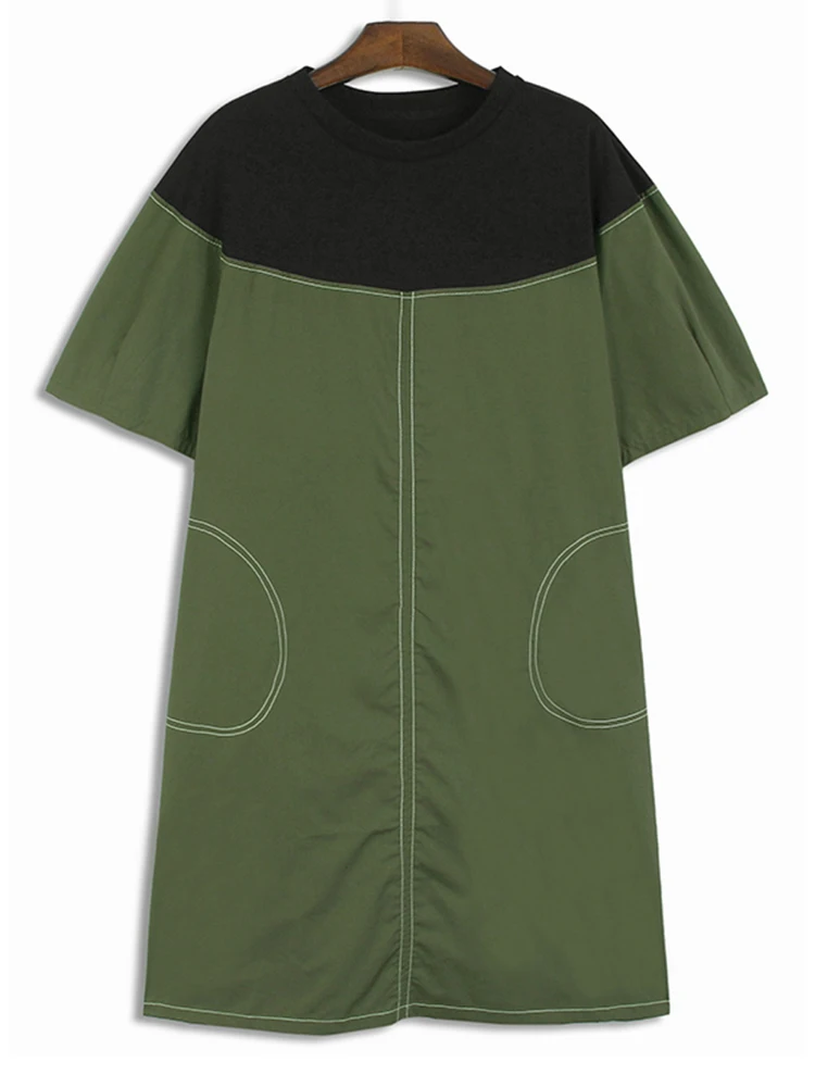 Women Green Topstitched Color-block Big Size Midi Dress New Round Neck Short Sleeve Fashion Spring Black X808