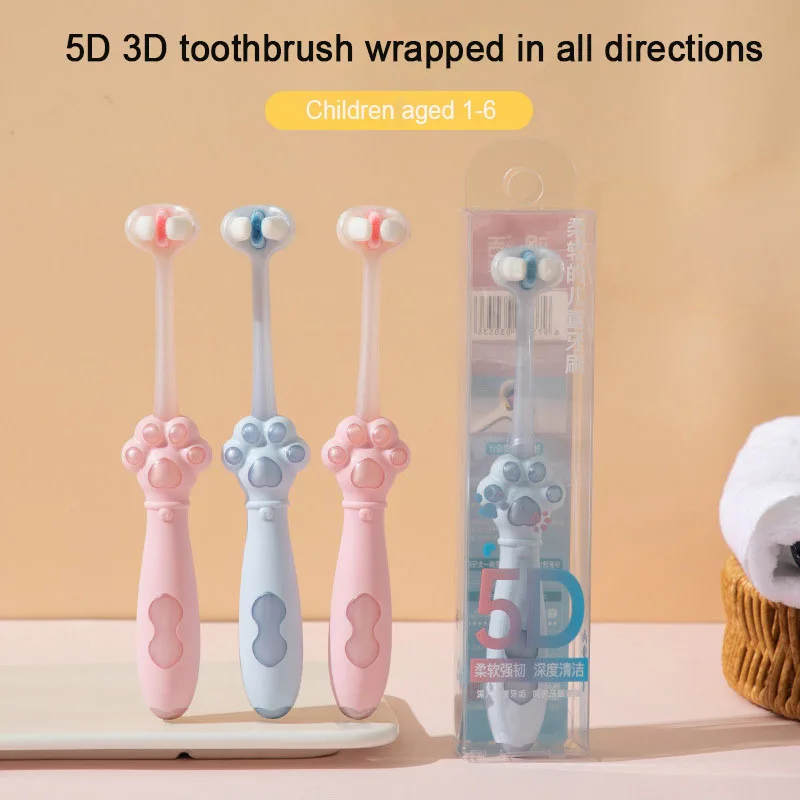 5 D Three Sides Children's Toothbrush Cute Cartoon Cat Claw Independent Packaging Manual Soft Bristled Brush Deep Cleaning Teeth