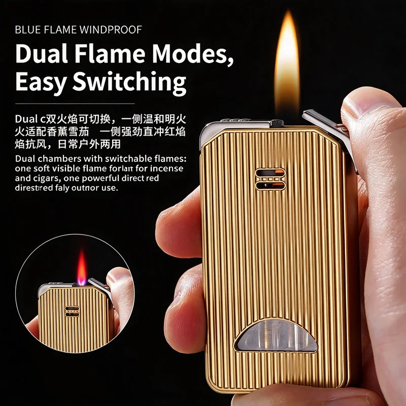 Retro vertical bar metal dual flame lighter, switchable between soft flame and windproof jet torch flame, unique smoking gift