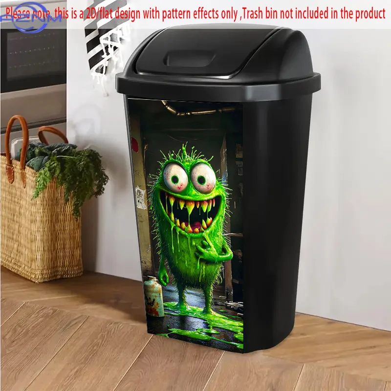 Hairy Green Slime Monster Holding Trash Self-Adhesive PVC Sticker - Cartoonish Decorative Art for Wheelie Bins, Basement, Hall
