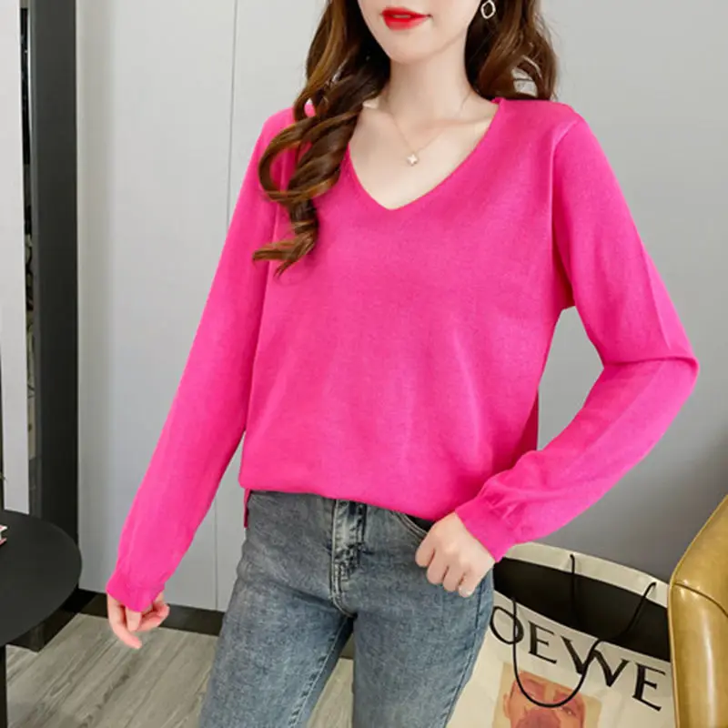 Fashion V-Neck Solid Color All-match Knitted Sweater Women's Clothing 2023 Autumn New Oversized Casual Pullovers Korean Tops