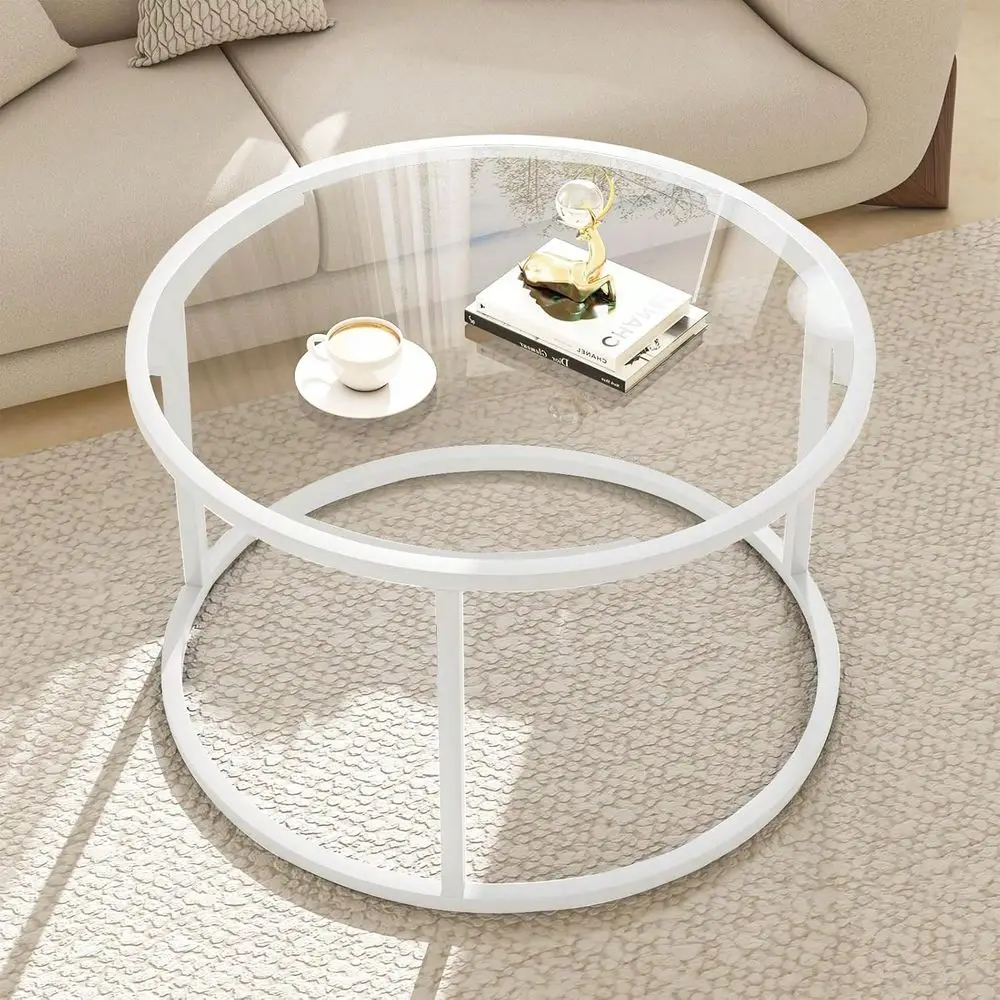 

Coffee Table,Round Gold Coffee Table For Small Space,27 Modern Center Table,Glass Top Clear Coffee Table With Sturdy Metal Fram