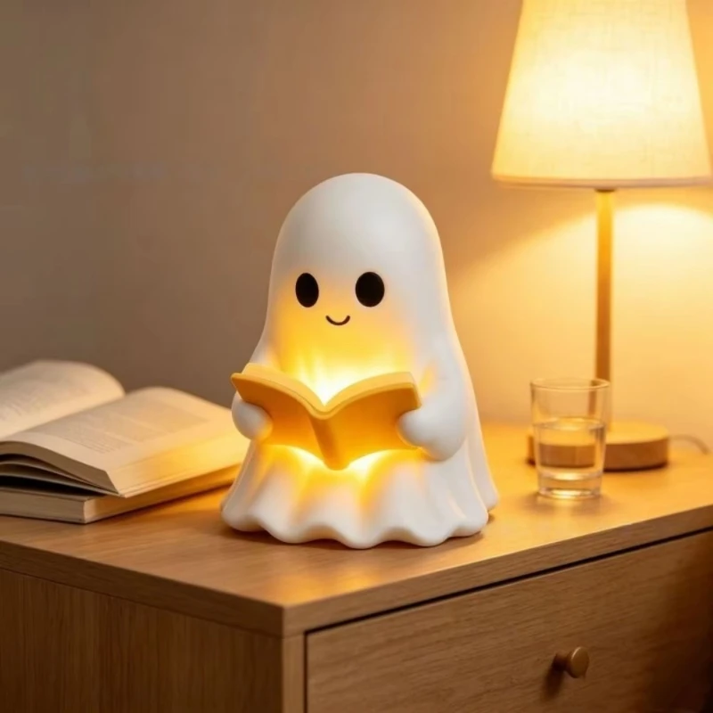 Portable Ghost Reading Lamp Cute Resin Ornaments Halloween Decoration Lamp Ghost Design Luminous Statue