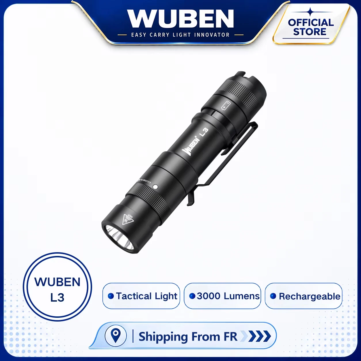 Torcia LED ricaricabile Wuben L3, 3000 lumen, torcia tattica ricaricabile con doppia modalità di ricarica, 7 modalità di illuminazione, ideale per il campeggio.