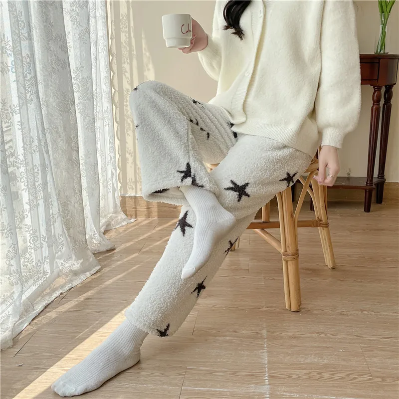 Thickened Warm Pajama Pants Woman Autumn and Winter Star Pattern Printing Long Plush Casual Trousers Student Sleeping Pants