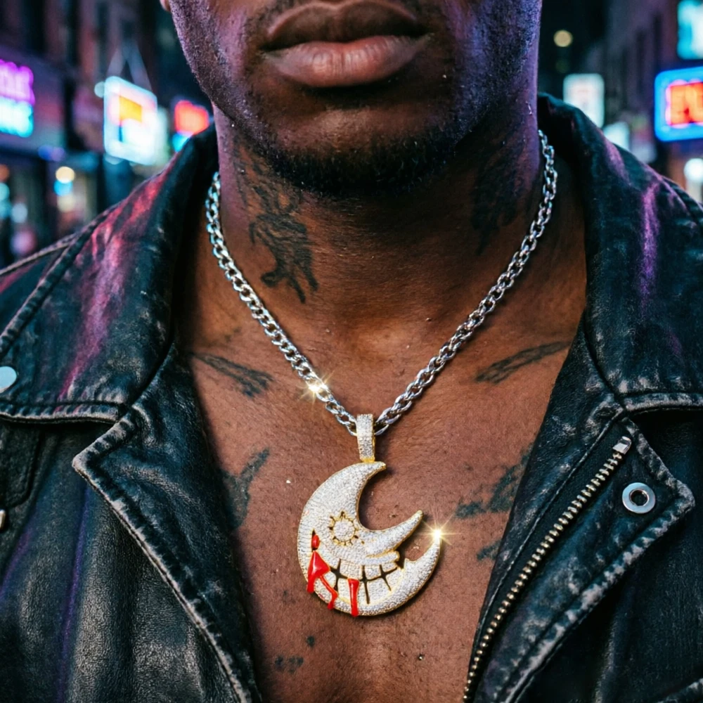 

Hip Hop Moon Shape Pendant Iced Out Bling Necklaces Cuban Chain Accessories Full Diamond Rapper Jewelry Gift for Men Boy Friends