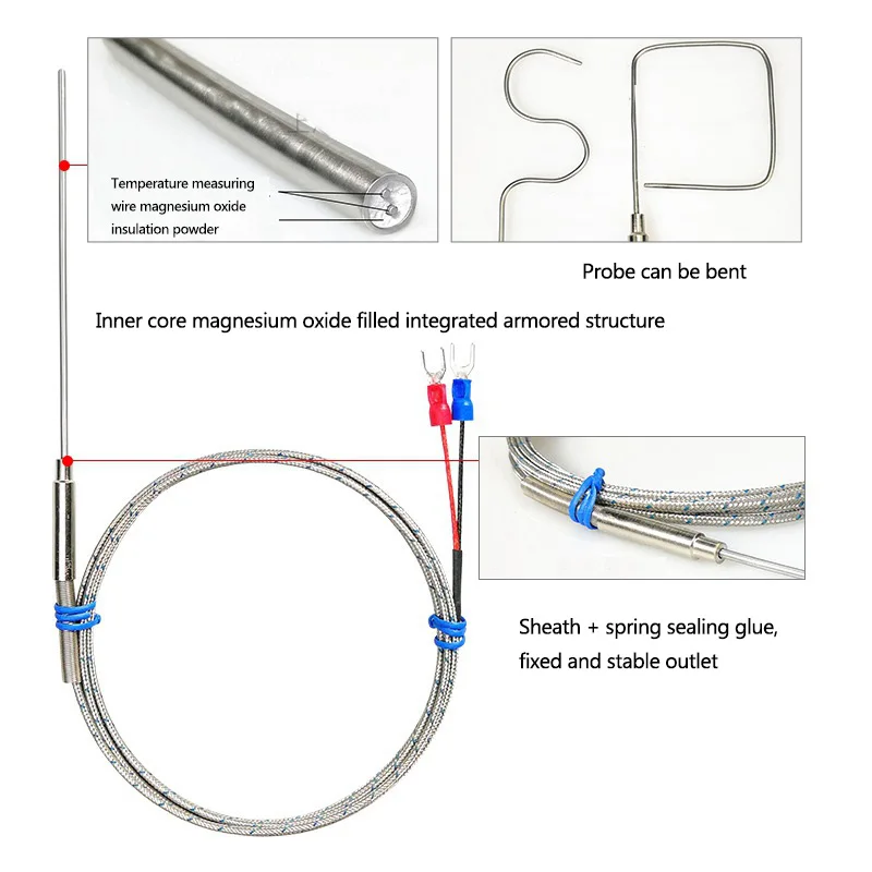 Flexible Bending Probe1100 degree PT100/K Type  Ungrounded 1mm 2mm 3mm 5mm  Controller Sheathed Thermocouple Temperature Sensor